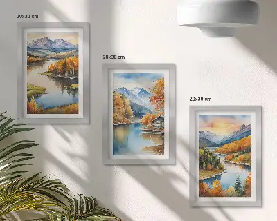 Bilderwand herbstliche Berglandschaft mit Fluss und Ferienhaus am Wasser