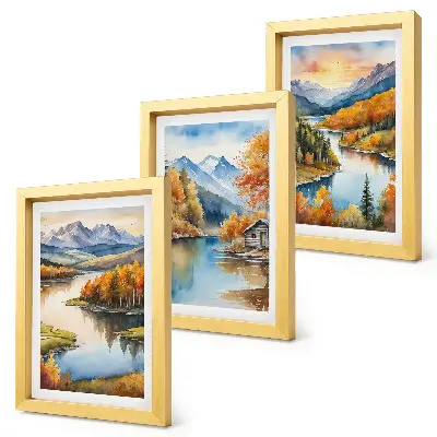 Bilderwand herbstliche Berglandschaft mit Fluss und Ferienhaus am Wasser
