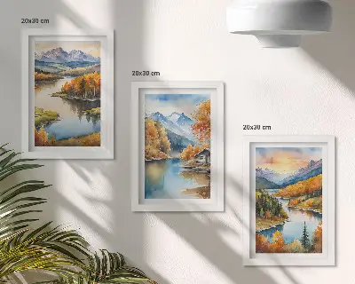 Bilderwand herbstliche Berglandschaft mit Fluss und Ferienhaus am Wasser