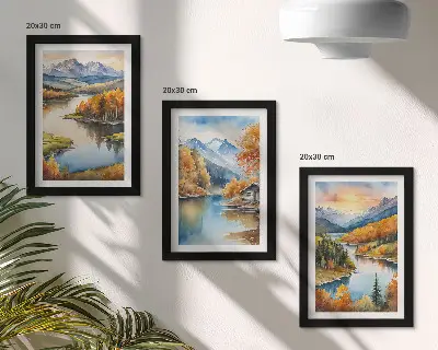 Bilderwand herbstliche Berglandschaft mit Fluss und Ferienhaus am Wasser