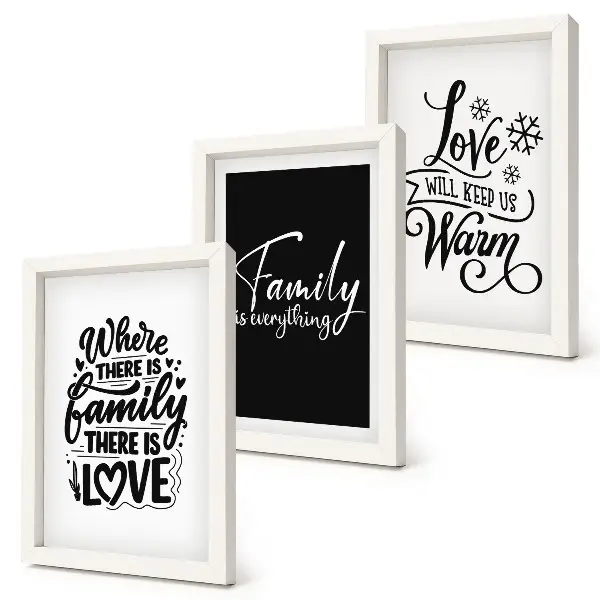 Bilderset mit Rahmen mit inspirierenden Zitaten über Familie, Liebe, Wärme und Zuhause