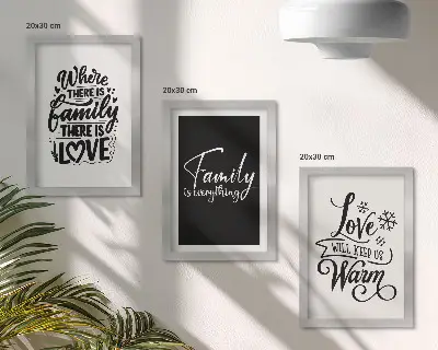 Bilderset mit Rahmen mit inspirierenden Zitaten über Familie, Liebe, Wärme und Zuhause