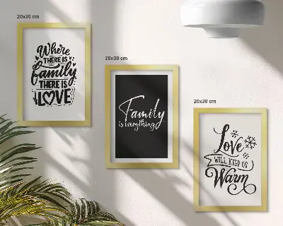 Bilderset mit Rahmen mit inspirierenden Zitaten über Familie, Liebe, Wärme und Zuhause