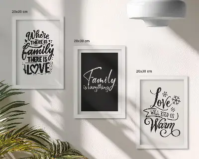 Bilderset mit Rahmen mit inspirierenden Zitaten über Familie, Liebe, Wärme und Zuhause