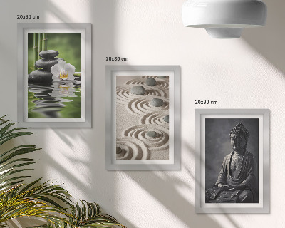 Bilderset mit rahmen Entspannender Blick auf Buddha, Steine ​​am Strand und Bambus