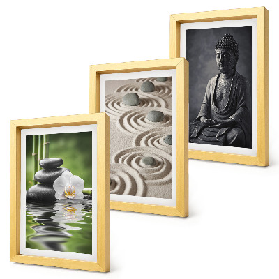 Bilderset mit rahmen Entspannender Blick auf Buddha, Steine ​​am Strand und Bambus