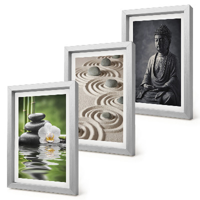 Bilderset mit rahmen Entspannender Blick auf Buddha, Steine ​​am Strand und Bambus
