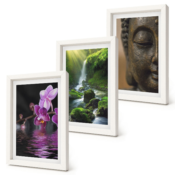 Bilderset mit rahmen Blumen im Wasserfall mit grünen Felsen Buddha