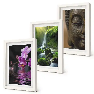 Bilderset mit Rahmen mit Blumen im Wasserfall und grünen Felsen sowie Buddha-Motiv