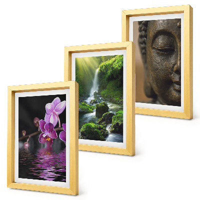 Bilderset mit rahmen Blumen im Wasserfall mit grünen Felsen Buddha