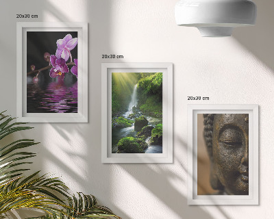 Bilderset mit rahmen Blumen im Wasserfall mit grünen Felsen Buddha