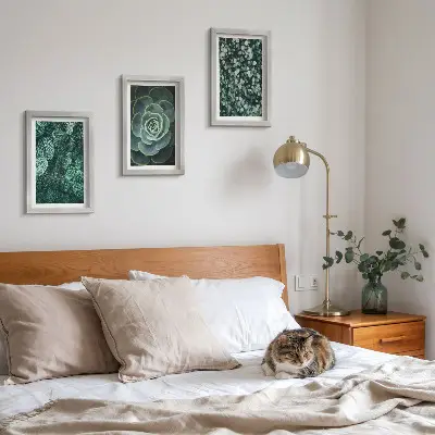 Bilderwand mit grünen Sukkulentenblättern und zarten Zweigen