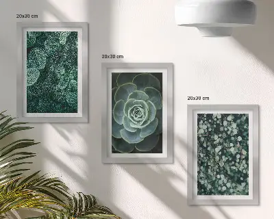 Bilderwand mit grünen Sukkulentenblättern und zarten Zweigen