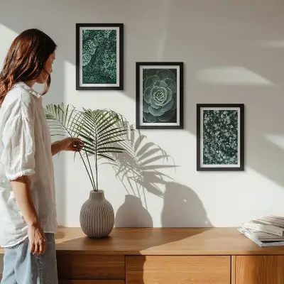 Bilderwand mit grünen Sukkulentenblättern und zarten Zweigen