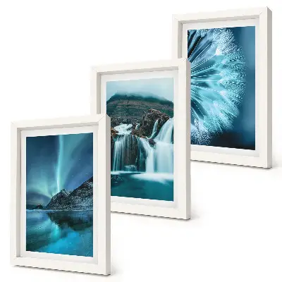 Bilderwand mit Winterlandschaften, Wasserfällen und Nordlichtern