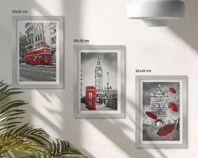 Fotowand mit roten Akzenten und berühmten Londoner Gebäuden