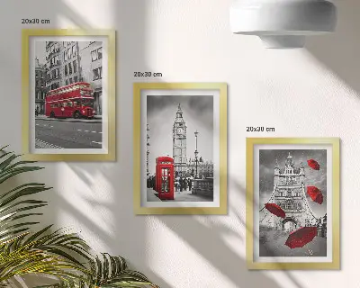 Fotowand mit roten Akzenten und berühmten Londoner Gebäuden
