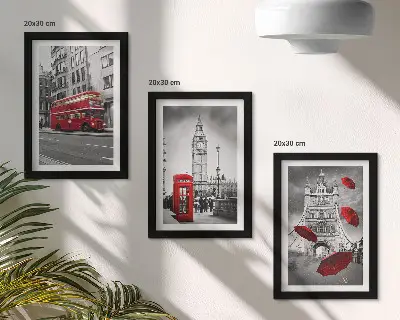 Fotowand mit roten Akzenten und berühmten Londoner Gebäuden