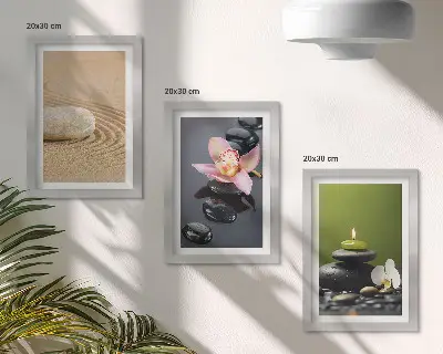 Bilderset mit Rahmen entspannende Steinmotive zur Symbolisierung von Frieden und Zen