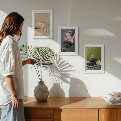 Bilderset mit Rahmen entspannende Steinmotive zur Symbolisierung von Frieden und Zen