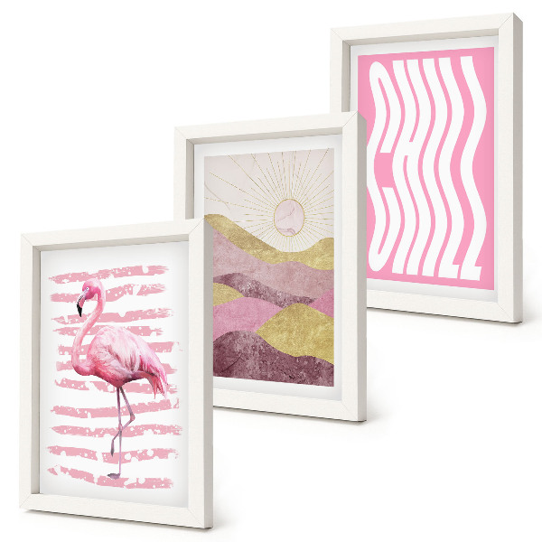 Bilderset mit rahmen Rosa Flamingos, pastellfarbene Berglandschaft, kühle Schrift