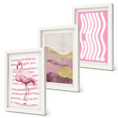 Bilderset mit rahmen Rosa Flamingos, pastellfarbene Berglandschaft, kühle Schrift