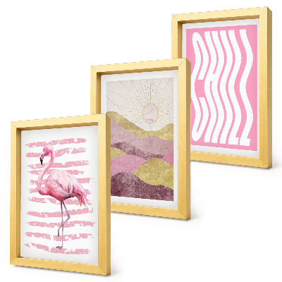 Bilderset mit rahmen Rosa Flamingos, pastellfarbene Berglandschaft, kühle Schrift