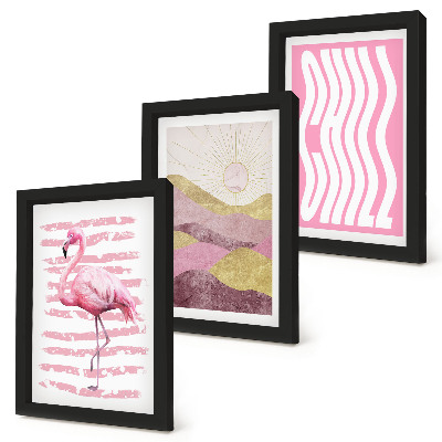 Bilderset mit rahmen Rosa Flamingos, pastellfarbene Berglandschaft, kühle Schrift