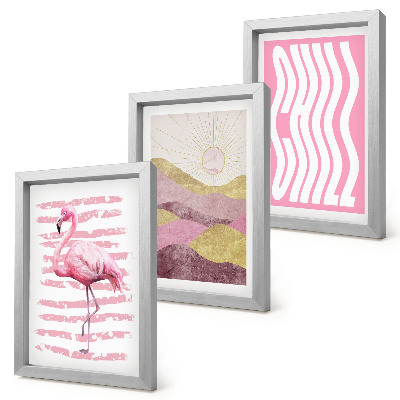 Bilderset mit rahmen Rosa Flamingos, pastellfarbene Berglandschaft, kühle Schrift