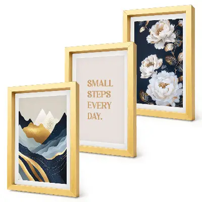 Bilderwand mit abstrakten Bergen, Blumen und inspirierenden Schriftzügen