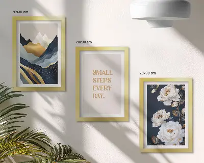 Bilderwand mit abstrakten Bergen, Blumen und inspirierenden Schriftzügen