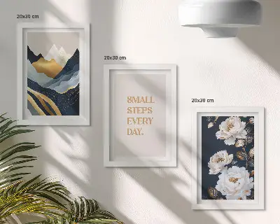 Bilderwand mit abstrakten Bergen, Blumen und inspirierenden Schriftzügen