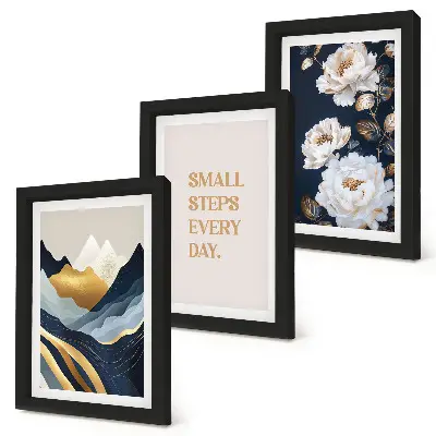 Bilderwand mit abstrakten Bergen, Blumen und inspirierenden Schriftzügen