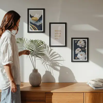 Bilderwand mit abstrakten Bergen, Blumen und inspirierenden Schriftzügen