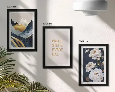 Bilderwand mit abstrakten Bergen, Blumen und inspirierenden Schriftzügen