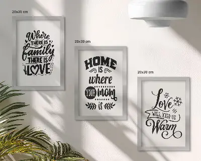 Bilderset mit Rahmen mit Slogans über Familie, Liebe, Zuhause und Wärme
