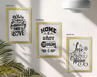 Bilderset mit Rahmen mit Slogans über Familie, Liebe, Zuhause und Wärme