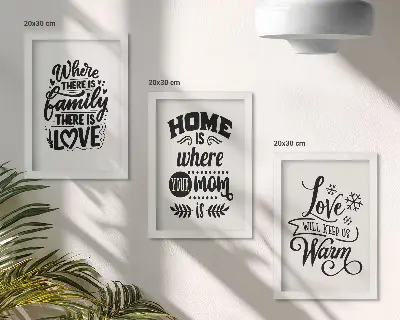 Bilderset mit Rahmen mit Slogans über Familie, Liebe, Zuhause und Wärme