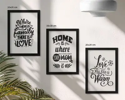 Bilderset mit Rahmen mit Slogans über Familie, Liebe, Zuhause und Wärme