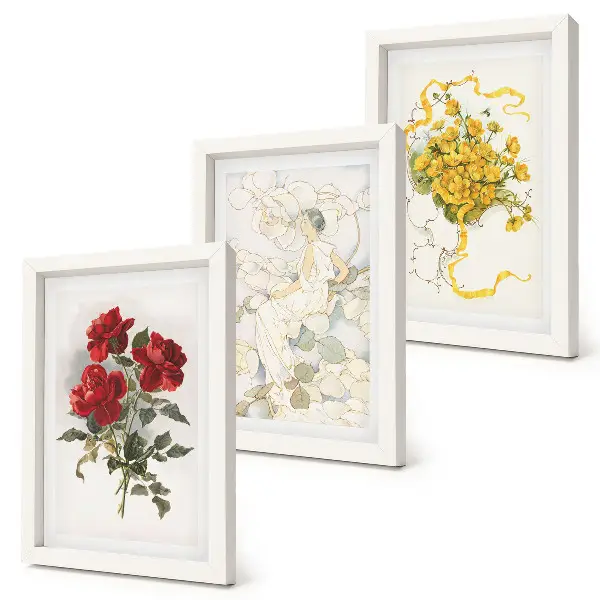Bilderwand mit Motiv rote Rosen, weiße Figur und gelbe Blumen in einer Vase