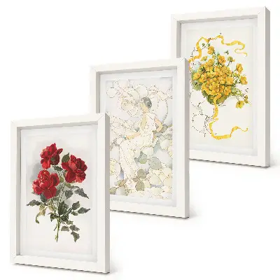 Bilderwand mit Motiv rote Rosen, weiße Figur und gelbe Blumen in einer Vase