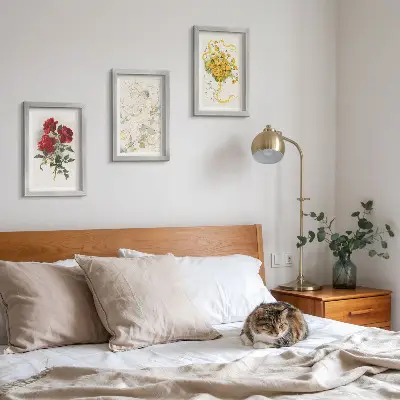 Bilderwand mit Motiv rote Rosen, weiße Figur und gelbe Blumen in einer Vase