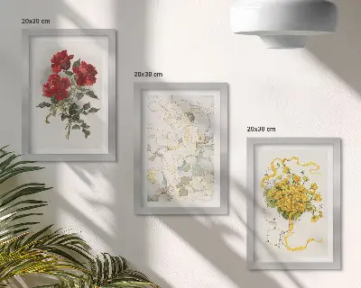 Bilderwand mit Motiv rote Rosen, weiße Figur und gelbe Blumen in einer Vase