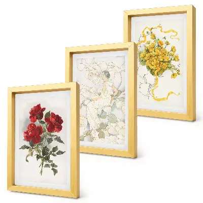 Bilderwand mit Motiv rote Rosen, weiße Figur und gelbe Blumen in einer Vase