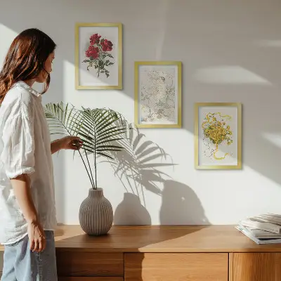 Bilderwand mit Motiv rote Rosen, weiße Figur und gelbe Blumen in einer Vase