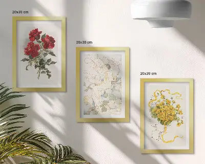 Bilderwand mit Motiv rote Rosen, weiße Figur und gelbe Blumen in einer Vase