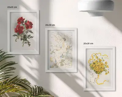 Bilderwand mit Motiv rote Rosen, weiße Figur und gelbe Blumen in einer Vase