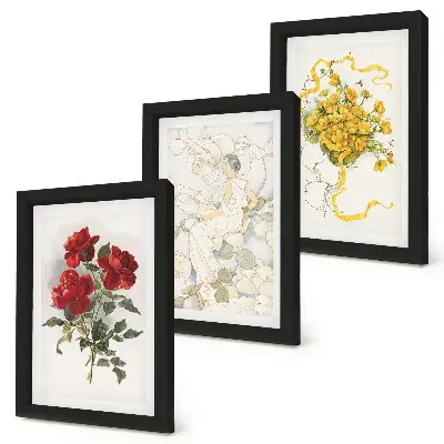 Bilderwand mit Motiv rote Rosen, weiße Figur und gelbe Blumen in einer Vase
