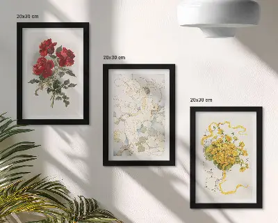 Bilderwand mit Motiv rote Rosen, weiße Figur und gelbe Blumen in einer Vase