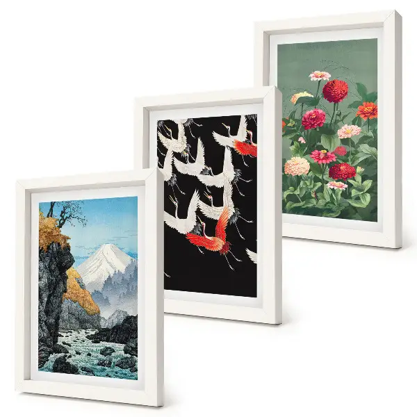 Bilderwand mit Bergen, Wasserfall, Vögeln im Flug und bunten Blumen